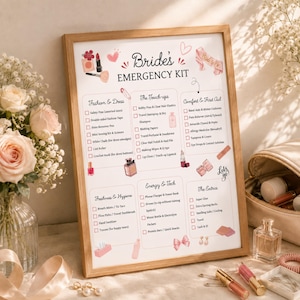 May include: A framed sign titled Bride's Emergency Kit with a checklist of items categorized into Fashion & Dress, The Touch-ups, Comfort & First Aid, Freshness & Hygiene, Energy & Tech, and The Extras, featuring pink and red illustrated icons.