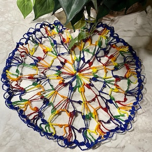 Rainbow baby shower decor, Rainbow doily , crochet table mat, Spring gift for friend, round table topper handmade, side table decor