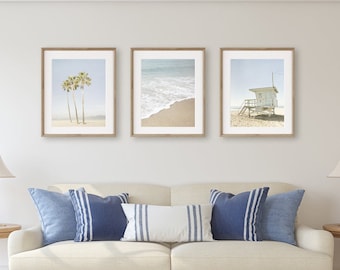 Set of 3 Prints, California Beach Prints, Beach Photography, Beach Pictures of Venice, Malibu and Santa Monica, Blue Pastel Wall Art