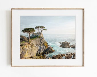 May include: A framed landscape photograph featuring a rocky coastal cliff topped with two cypress trees overlooking the Pacific Ocean. The scene captures light blue water, jagged brown rocks, and a soft, hazy sky during the daytime hours.