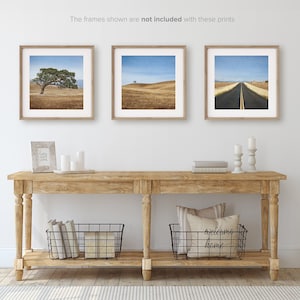 May include: Three framed landscape photographs of a lone tree, rolling hills, and a long, straight road. The photos are hung on a white wall above a wooden console table with two black wire baskets, candles, and books.