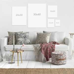 May include: A white sofa with pillows and a throw blanket in a living room setting. There are four framed pictures on the wall behind the sofa, with dimensions listed on each frame. The dimensions are 24x30, 30x40, 16x20, 11x14, and 8x10.