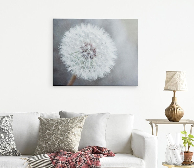 Dandelion Wall Art Large Canvas Print Botanical Photography Grey Neutral Wall Art Rustic Floral