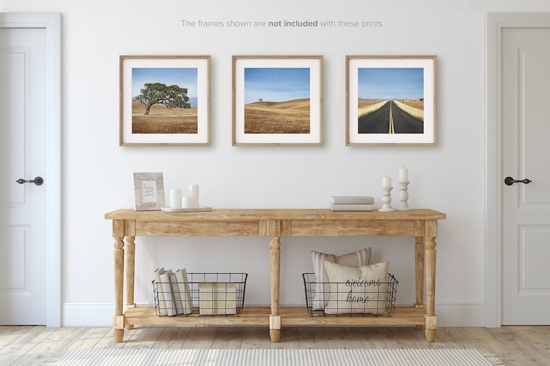 May include: Three framed landscape photographs of a lone tree, rolling hills, and a long, straight road. The photos are hung on a white wall above a wooden console table with two black wire baskets, candles, and books.