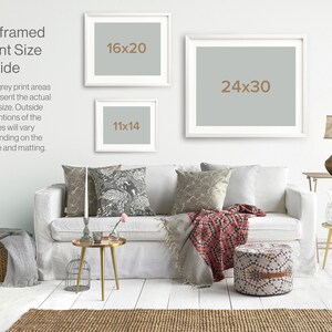 May include: A guide for unframed print sizes, showing three different sizes of prints in a living room setting. The print sizes are 11x14 inches, 16x20 inches, and 24x30 inches.