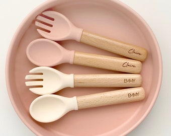 Personalized Spoon and Fork Set | Silicone Utensil set for Baby and Toddler | Laser Engraved | Baby Training & Weaning | Utensil