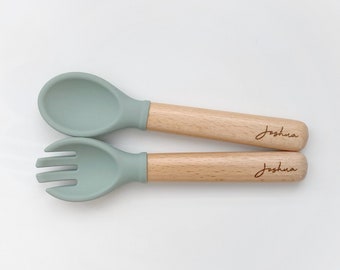 Personalized Spoon and Fork Set | Silicone Utensil set for Baby and Toddler | Laser Engraved | Baby Training & Weaning | Utensil