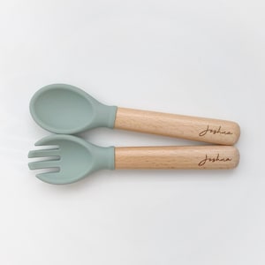 Personalized Spoon and Fork Set | Silicone Utensil set for Baby and Toddler | Laser Engraved | Baby Training & Weaning | Utensil