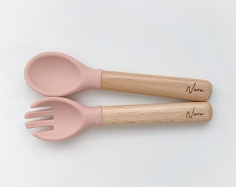 Personalized Spoon and Fork Set | Silicone Utensil set for Baby and Toddler | Laser Engraved | Baby Training & Weaning | Utensil