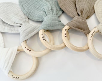 Cotton Muslin Bunny Ear Teether with Beechwood ring | Personalized | Custom baby name shower gift