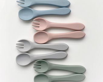 Personalized Spoon and Fork Set | Silicone Utensil set for Baby and Toddler | Laser Engraved | Baby Training & Weaning | Dinnerware