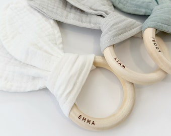 Cotton Muslin Bunny Ear Teether with Beechwood ring | Personalized | Custom baby name shower gift