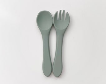 Personalized Spoon and Fork Set | Silicone Utensil set for Baby and Toddler | Laser Engraved | Baby Training & Weaning | Dinnerware