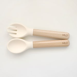 Personalized Spoon and Fork Set | Silicone Utensil set for Baby and Toddler | Laser Engraved | Baby Training & Weaning | Utensil