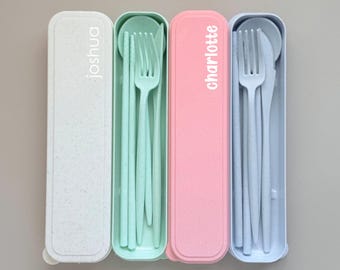 Personalized 5 Piece Travel Wheat Straw Cutlery | Utensils | Lunch bag Flatware with Case | Spoon Fork Knife Chopsticks | Gift Idea