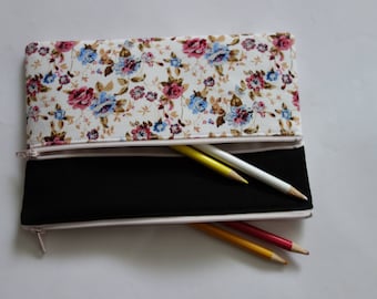 sale Denim /& Floral pattern Pencil case Makeup Bag 20cm x 11.5cm With Two Pockets and Zippers