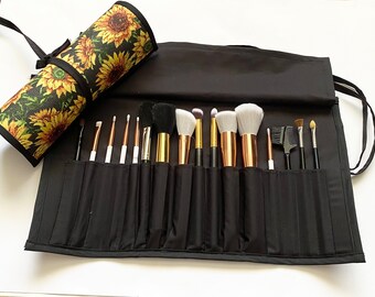 Beautiful Large Sunflower Brush Roll, Holds 16 brushes, Handmade, Great Gift, Perfect for Travel