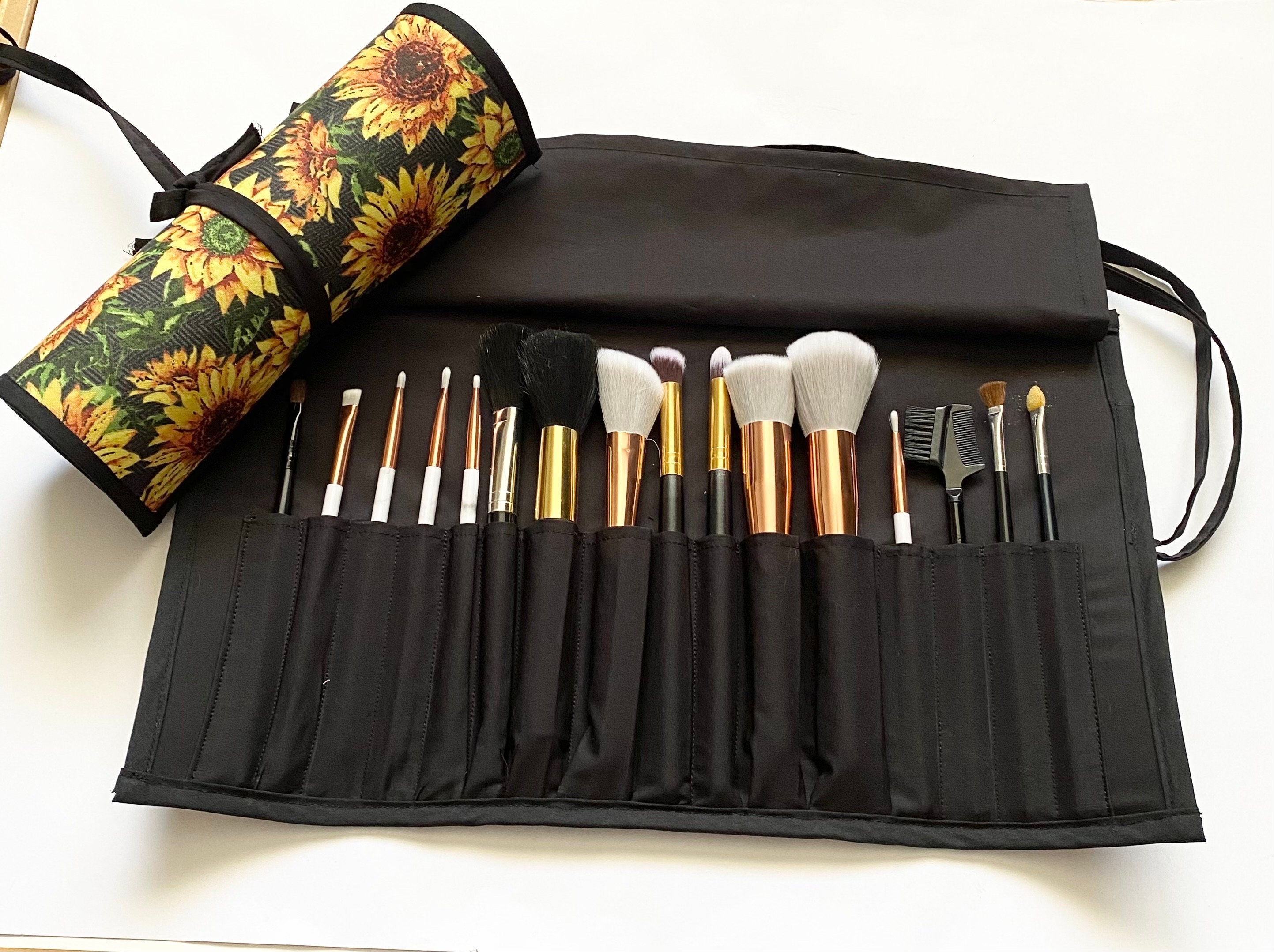 Beautiful Large Sunflower Brush Roll, Holds 16 brushes, Handmade, Great Gift, Perfect for Travel