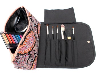 Large Trendy Tribal Large Makeup Bag with a Brush Holder and Snap Button. Handmade, Great for Travel, Gift for Her