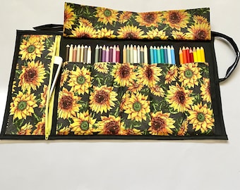 Artist Roll with Zippered Pocket, Pen case, pencil roll, brush roll, Holds 35 pens or pencils,  Handmade, Great for school, Travel or Gift