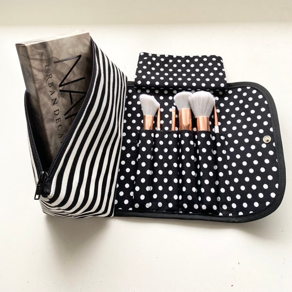Large Striped Large Makeup Bag With a Brush Holder Flap and Snap Button. Handmade Great for Travel Gift for Her Etsy UK