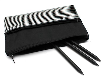 Cute B&W Striped Pencil Case/ Makeup Bag With Two Zippers