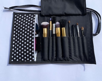 Beautiful Brush Roll With Zippered Pocket. Holds 9 Brushes, Great for Travel, Gift for her