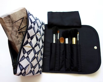 Large Makeup Bag with a Brush Holder Flap and snap button. Handmade, Great for Travel, Gift for her