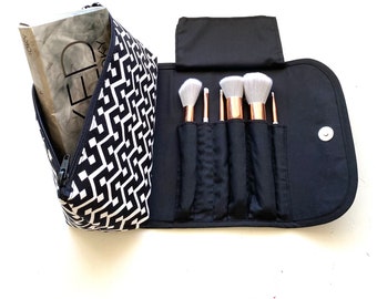 Makeup Bag with a Brush Holder Flap and Magnetic Button. Handmade, Great for Travel, Gift for her