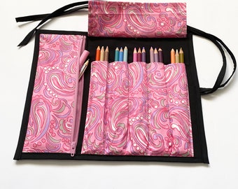 Artist Roll with Zippered Pocket, pencil roll, brush roll holds 15, 20 pens colour pencils. Handmade, Great for school, Travel or Gift