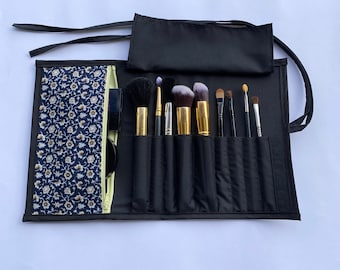 Beautiful Brush Roll With Zippered Pocket. Holds 9 Brushes, handmade. Great for Travel, Gift for her