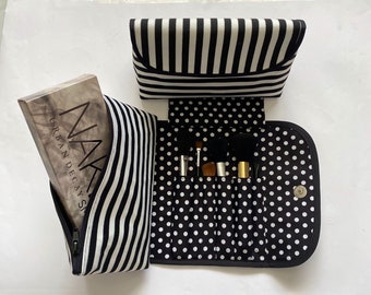 Striking Striped Makeup Bag with a Brush Holder and Magnetic Button. Handmade, Great for Travel, Gift for Her