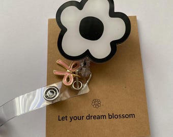 Flower Badge Reel, Acrylic Retractable ID Holder, Nurse Doctor Student Card Clip