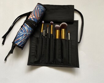 Small Lovely Palm leaf patterned Brush Roll. Holds 7 brushes, handmade, Gift for Her, great for travel.