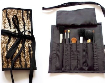 Small PrettyTiger Print  Brush Roll. Holds 7 Brushes, handmade, Great for Travel, Gift for her