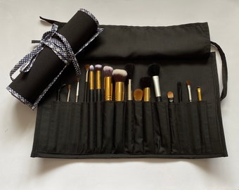 Beautiful Large Black Brush Roll. Holds 16 brushes, Handmade, Great for Travel, Gift for her