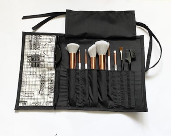 Black and white Brush Roll With Zippered Pocket. Holds 9 Brushes, Handmade, Great for Travel, Gift for Her