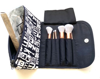 Makeup Bag with a Brush Holder Flap and Magnetic Button. handmade, Great for Travel, Gift for her
