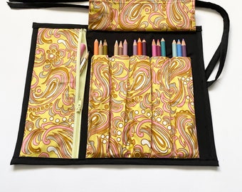 Artist Roll with Zippered Pocket, Pen case, pencil roll, brush roll. Holds 15, 20 pens color pencils,  Handmade, Great for school or Gift.