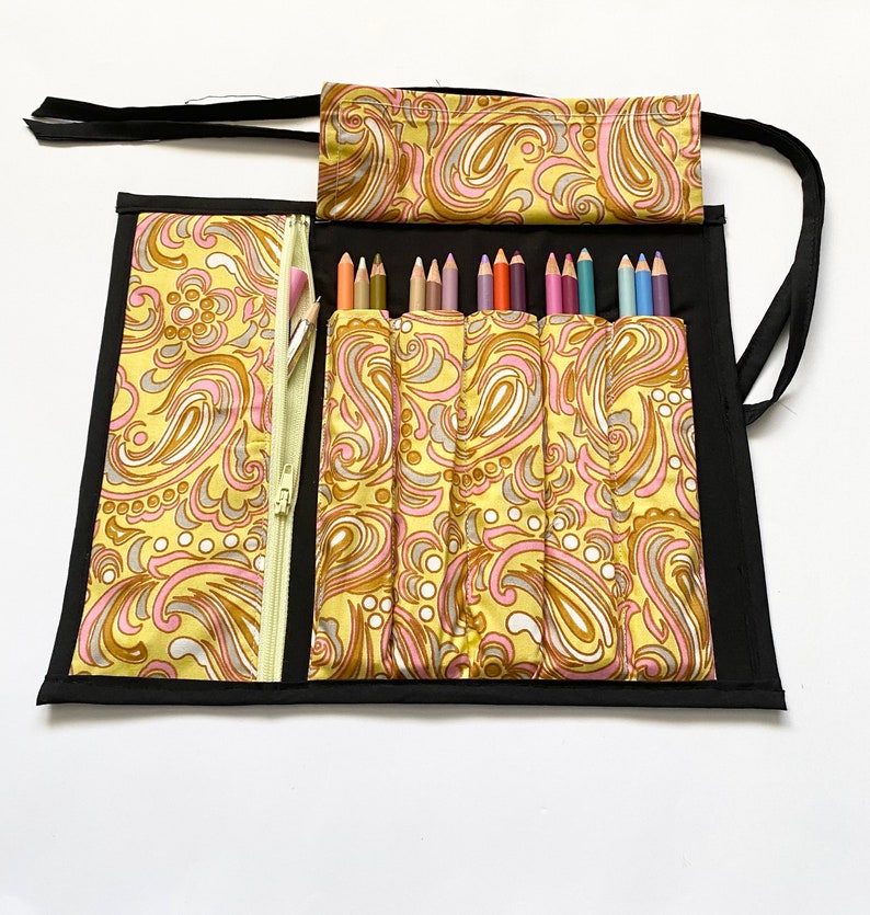 Artist Roll with Zippered Pocket, Pen case, pencil roll, brush roll. Holds 15, 20 pens color pencils, Handmade, Great for school or Gift. image 1