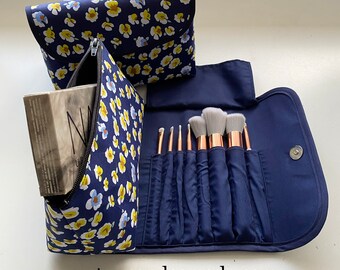 8 Brushes Holder and Magnetic Button Makeup Bag, Handmade. Great for Travel, Gift for Her