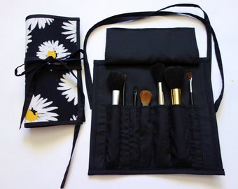 Small Spotty Black and white Brush Roll, Holds 7 Brushes, handmade, Perfect Gift, Great for Travel