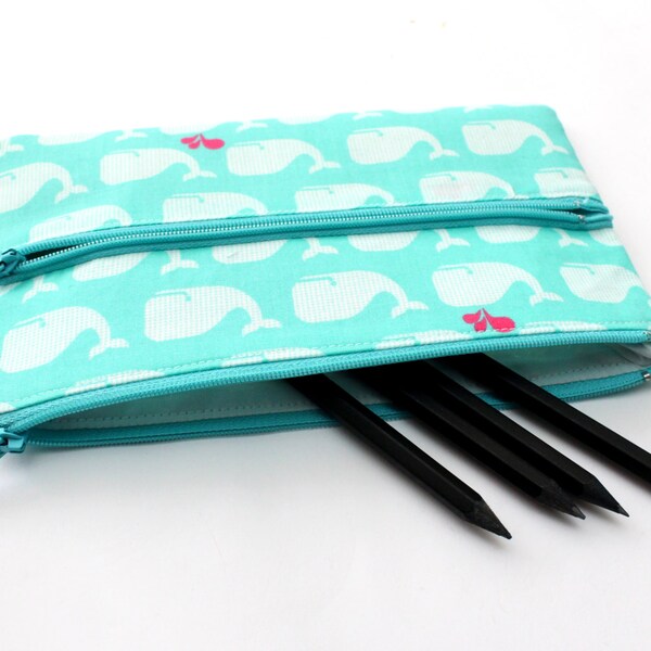 Marvellous Mint Whale Pencil case/ Makeup Bag With Two Pockets and Zippers