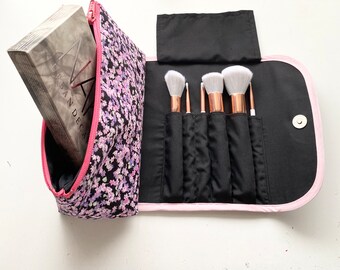 Pretty Pink Patterned Large Makeup Bag with a Brush Holder and Magnetic Button! Handmade, great for travel, Gift