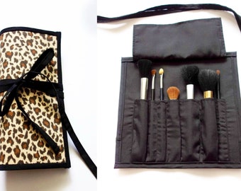 Small Pretty Leopard Print  Brush Roll. Holds 7 brushes, handmade, Great for Travel, Gift for Her