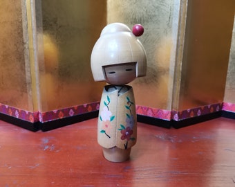 Vintage Creative Kokeshi Doll Enamel Painted Sakura Flower Design Kimono Signed