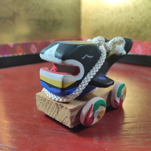 Japanese Miniature Wood Carved Kyoudo Gangu Whale Pull Toy
