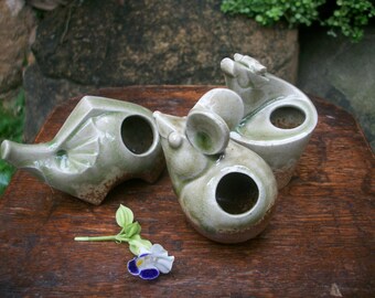 1980s Set Of 3 Japanese Stoneware Toothpick Holder Abstract Artdeco