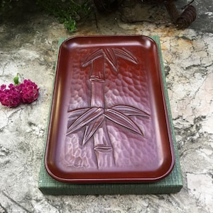 Japanese Rectangular Shape Kamakura-Bori Wood Carving Decorative Plate Bamboo Tree Signed