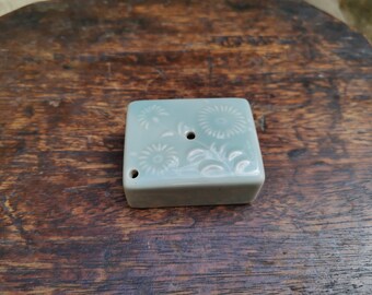 Japanese Rectangular Shaped Celadon Ceramic Dandelion Flowers Floral Design 水滴 Suiteki Calligraphy Water-Dropper